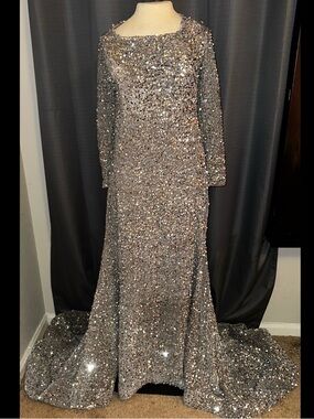 ‘Wear Your Love’ Silver Sequins Grey Crushed Velvet Maxi Dress Gown XXL NWOT